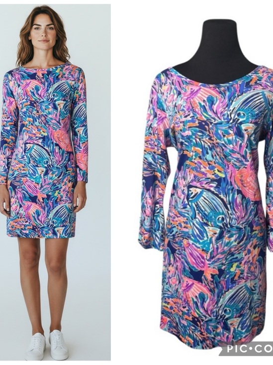 Lilly Pulitzer Dresses & Skirts - Lilly Pulitzer Sophie Dress UPF 50 SZ L Pink Blue Boatneck Beach Fish Pima Soft
